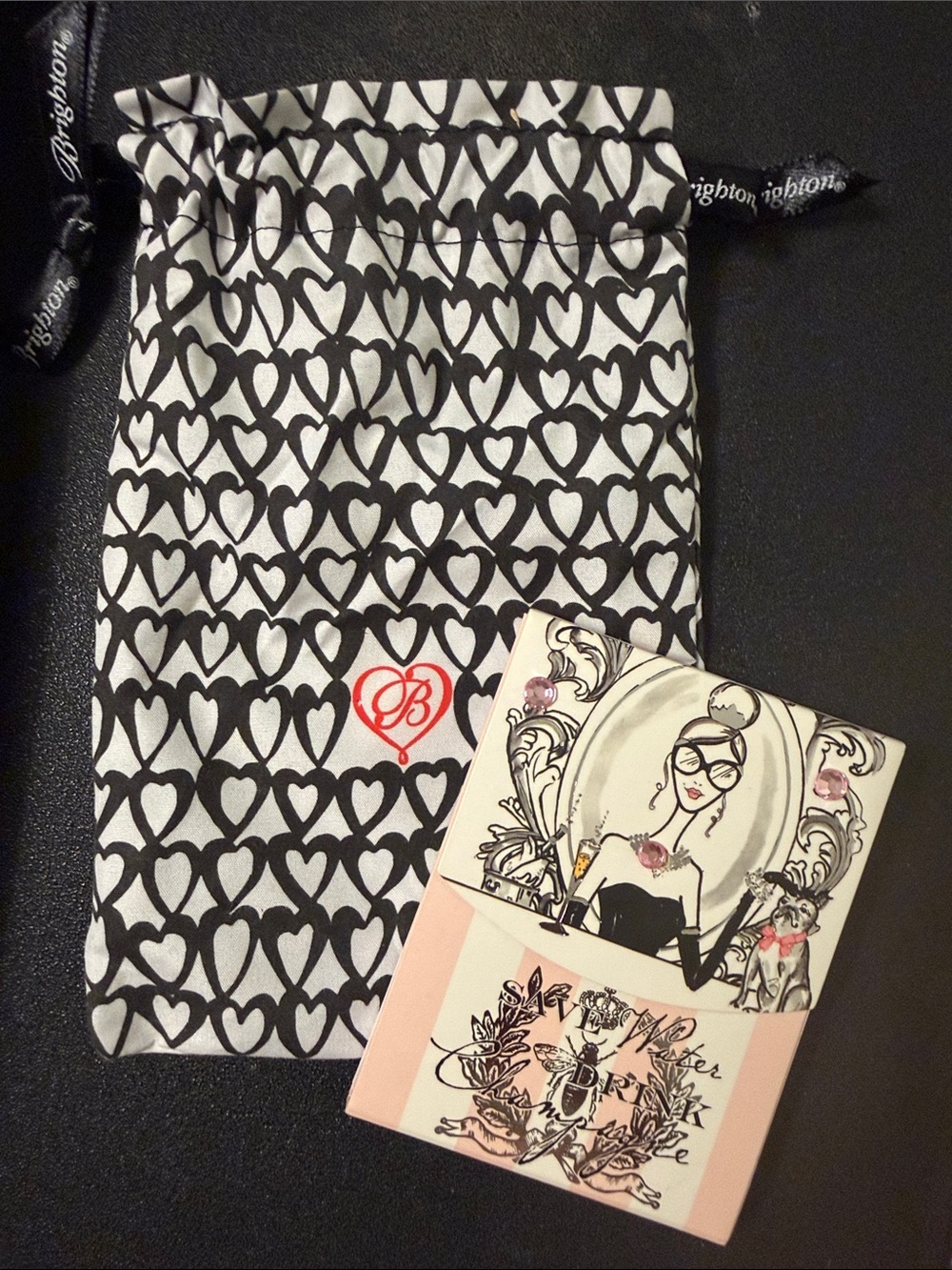Brighton Black & White Heart Print Gift Bag with Red Logo and notepad